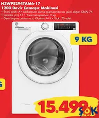 HOOVER H3WPS294TAM6-17 1200 DEVİR 9 KG ÇAMAŞIR MAKİNESİ